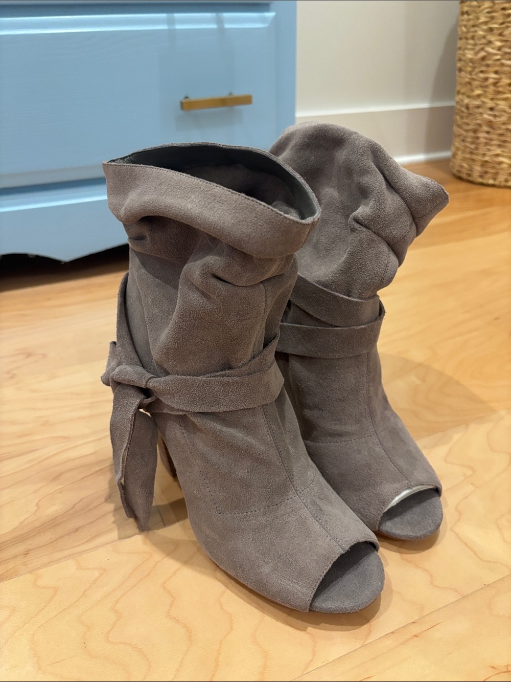 Nine West Taupe Suede Peep-Toe Wrap Ankle Boots